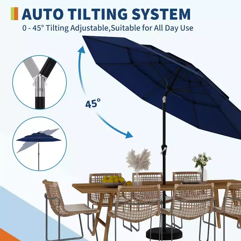 Grand parasol de terrasse à 3 niveaux de 2,7 m, parasol de table d'extérieur, 8 baleines, auvent ventilé, manivelle, plusieurs couleurs