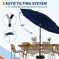 Grand parasol de terrasse à 3 niveaux de 2,7 m, parasol de table d'extérieur, 8 baleines, auvent ventilé, manivelle, plusieurs couleurs