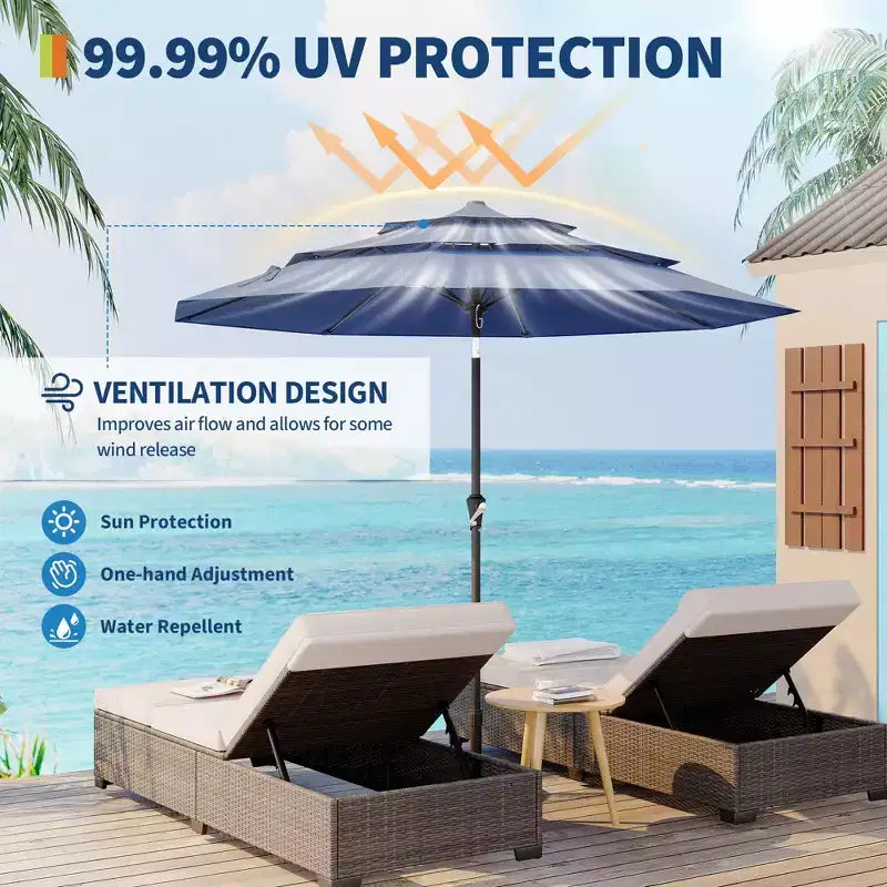 Grand parasol de terrasse à 3 niveaux de 2,7 m, parasol de table d'extérieur, 8 baleines, auvent ventilé, manivelle, plusieurs couleurs