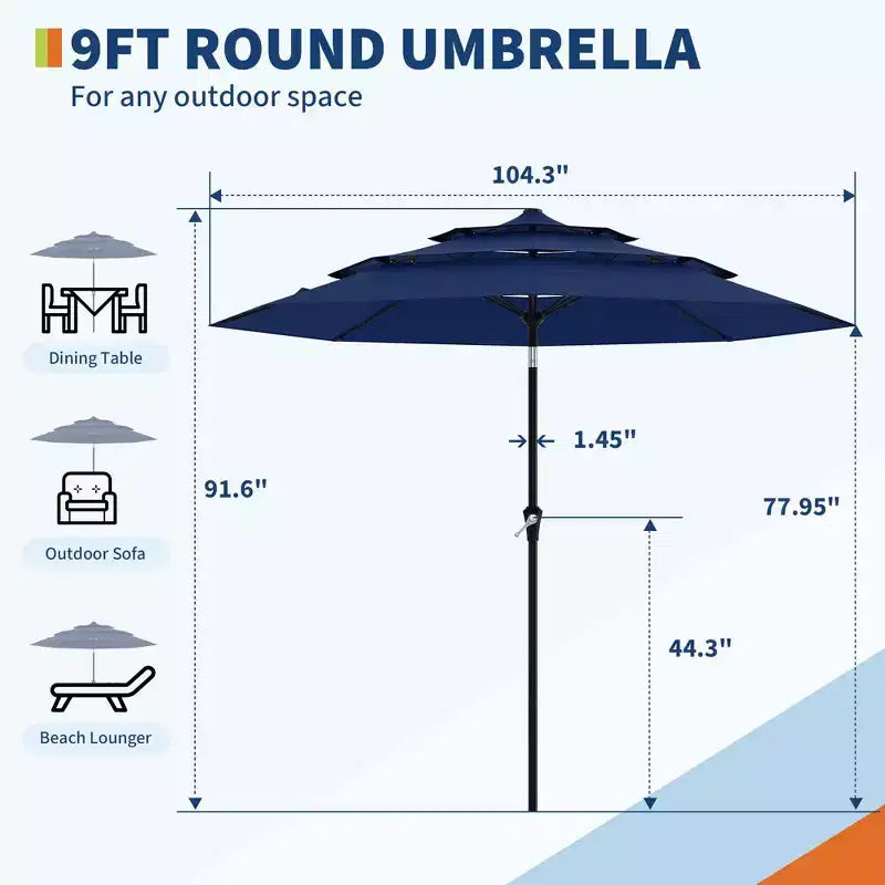 Grand parasol de terrasse à 3 niveaux de 2,7 m, parasol de table d'extérieur, 8 baleines, auvent ventilé, manivelle, plusieurs couleurs