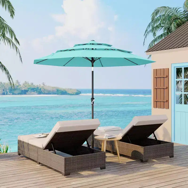 Grand parasol de terrasse à 3 niveaux de 2,7 m, parasol de table d'extérieur, 8 baleines, auvent ventilé, manivelle, plusieurs couleurs
