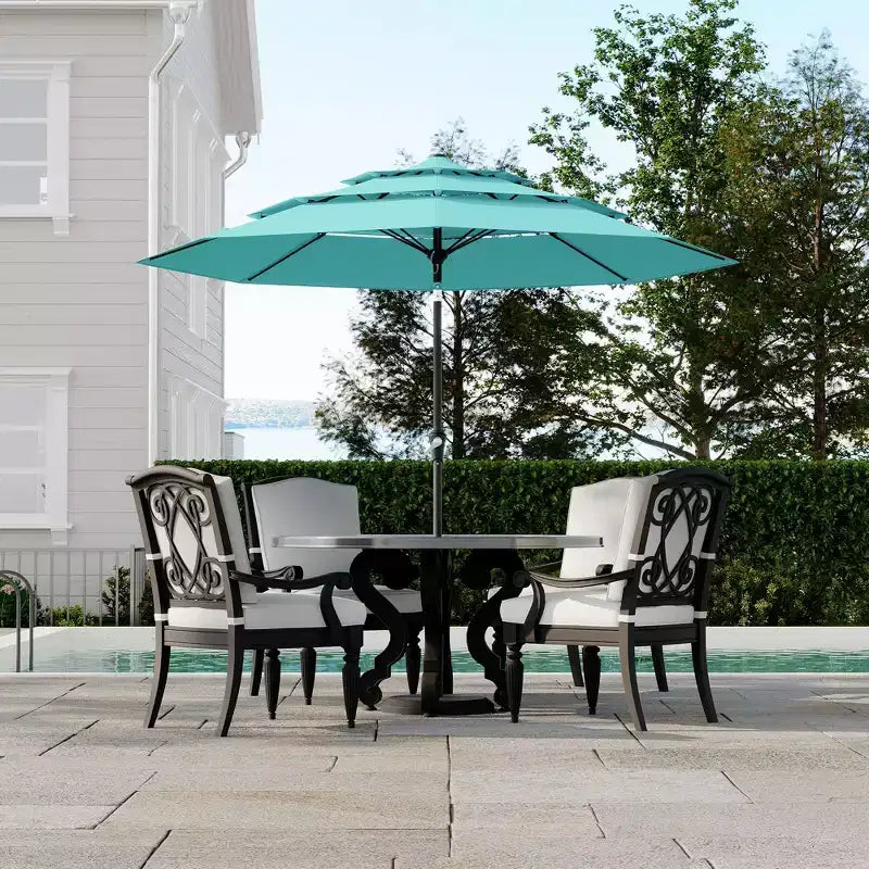Grand parasol de terrasse à 3 niveaux de 2,7 m, parasol de table d'extérieur, 8 baleines, auvent ventilé, manivelle, plusieurs couleurs