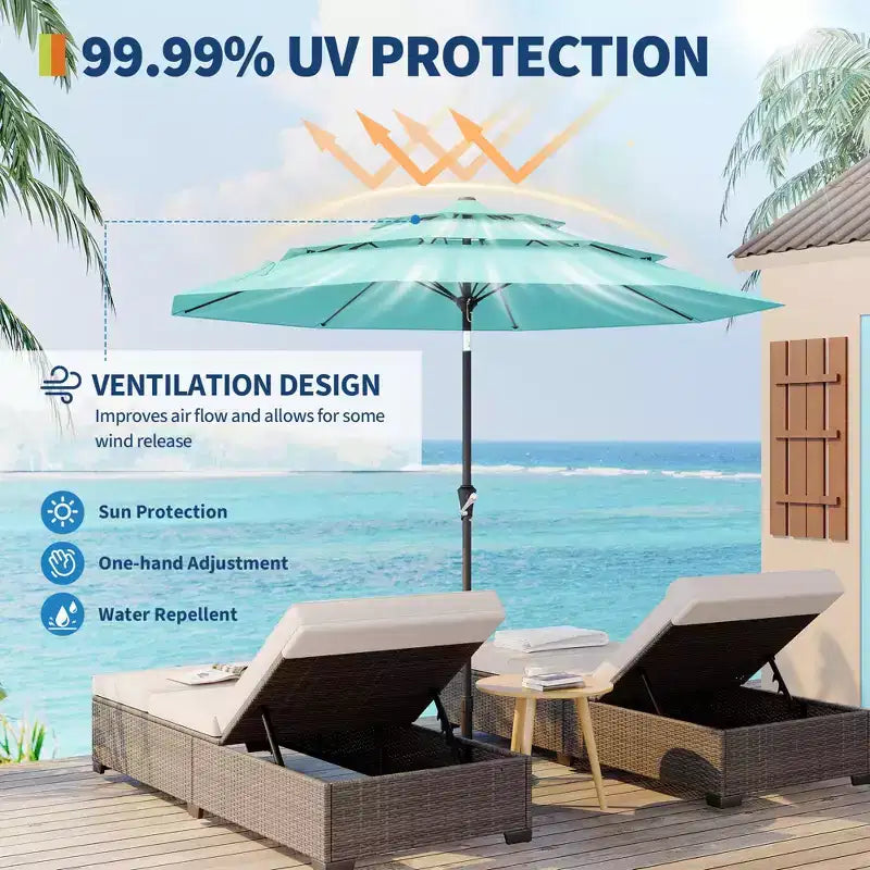 Grand parasol de terrasse à 3 niveaux de 2,7 m, parasol de table d'extérieur, 8 baleines, auvent ventilé, manivelle, plusieurs couleurs