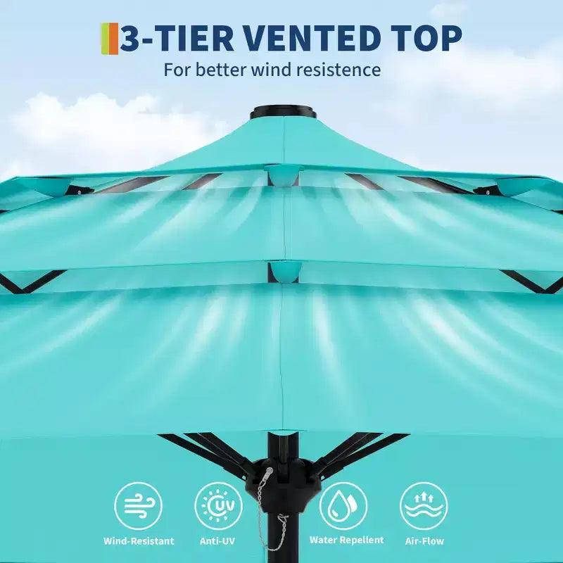 Grand parasol de terrasse à 3 niveaux de 2,7 m, parasol de table d'extérieur, 8 baleines, auvent ventilé, manivelle, plusieurs couleurs