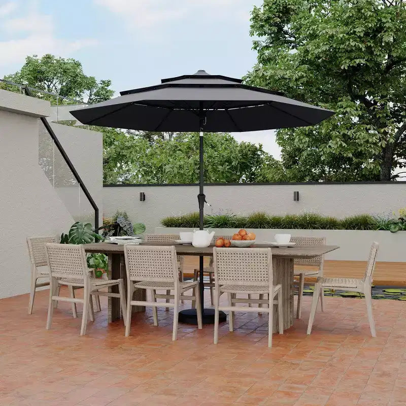 Grand parasol de terrasse à 3 niveaux de 2,7 m, parasol de table d'extérieur, 8 baleines, auvent ventilé, manivelle, plusieurs couleurs