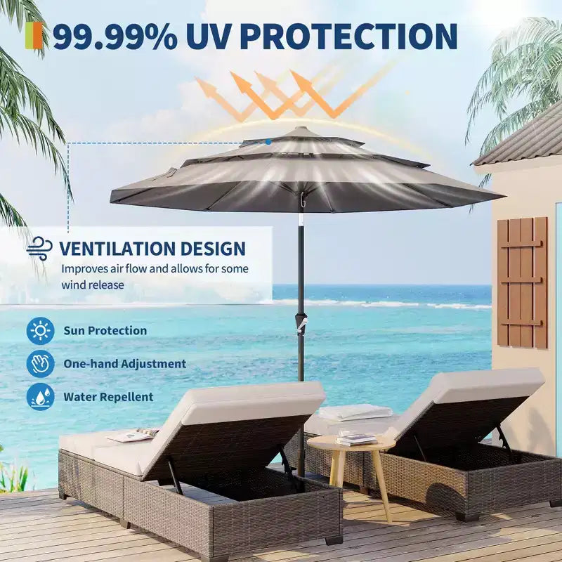 Grand parasol de terrasse à 3 niveaux de 2,7 m, parasol de table d'extérieur, 8 baleines, auvent ventilé, manivelle, plusieurs couleurs