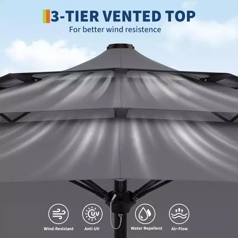 Grand parasol de terrasse à 3 niveaux de 2,7 m, parasol de table d'extérieur, 8 baleines, auvent ventilé, manivelle, plusieurs couleurs