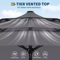 Grand parasol de terrasse à 3 niveaux de 2,7 m, parasol de table d'extérieur, 8 baleines, auvent ventilé, manivelle, plusieurs couleurs