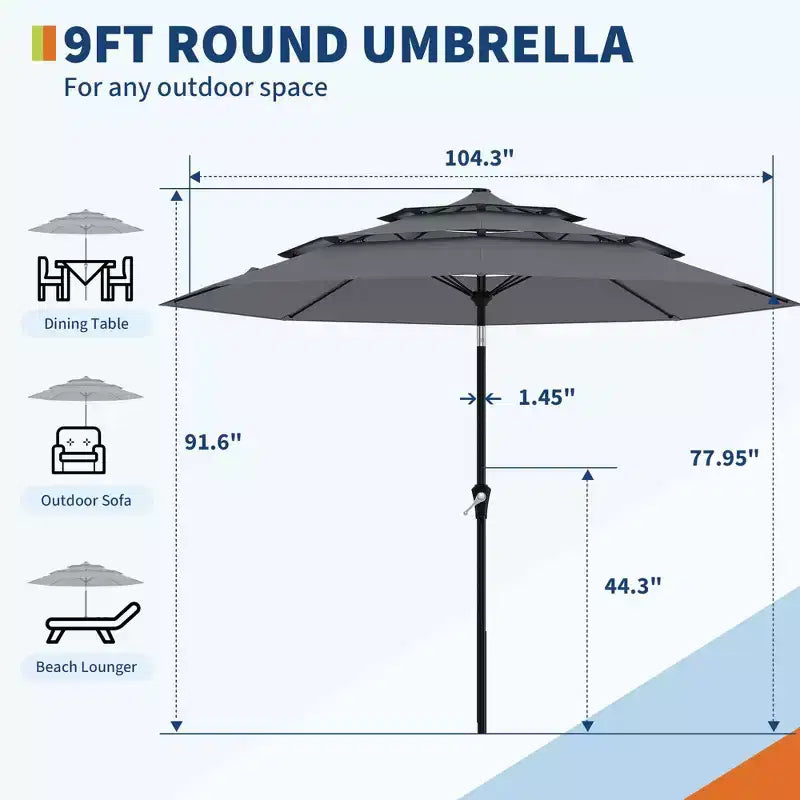 Grand parasol de terrasse à 3 niveaux de 2,7 m, parasol de table d'extérieur, 8 baleines, auvent ventilé, manivelle, plusieurs couleurs