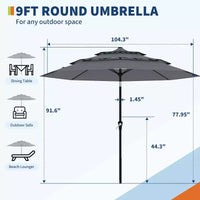 Grand parasol de terrasse à 3 niveaux de 2,7 m, parasol de table d'extérieur, 8 baleines, auvent ventilé, manivelle, plusieurs couleurs