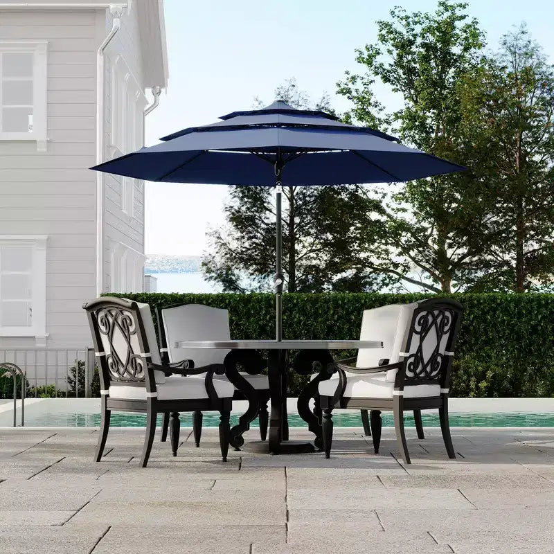Grand parasol de terrasse à 3 niveaux de 2,7 m, parasol de table d'extérieur, 8 baleines, auvent ventilé, manivelle, plusieurs couleurs