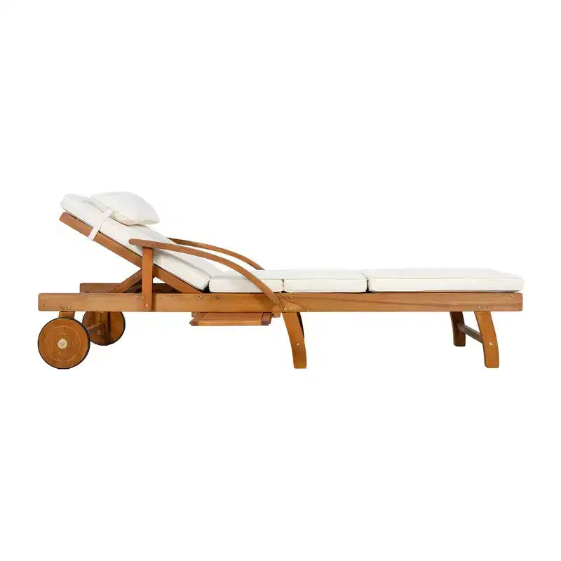 Whisen Chaise longue d'extérieur 77,5, chaise longue de patio, chaise longue de piscine avec cadre en bois d'acacia, dossier reglable, roues, retractable