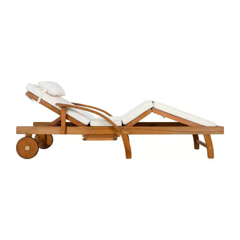 Whisen Chaise longue d'extérieur 77,5, chaise longue de patio, chaise longue de piscine avec cadre en bois d'acacia, dossier reglable, roues, retractable