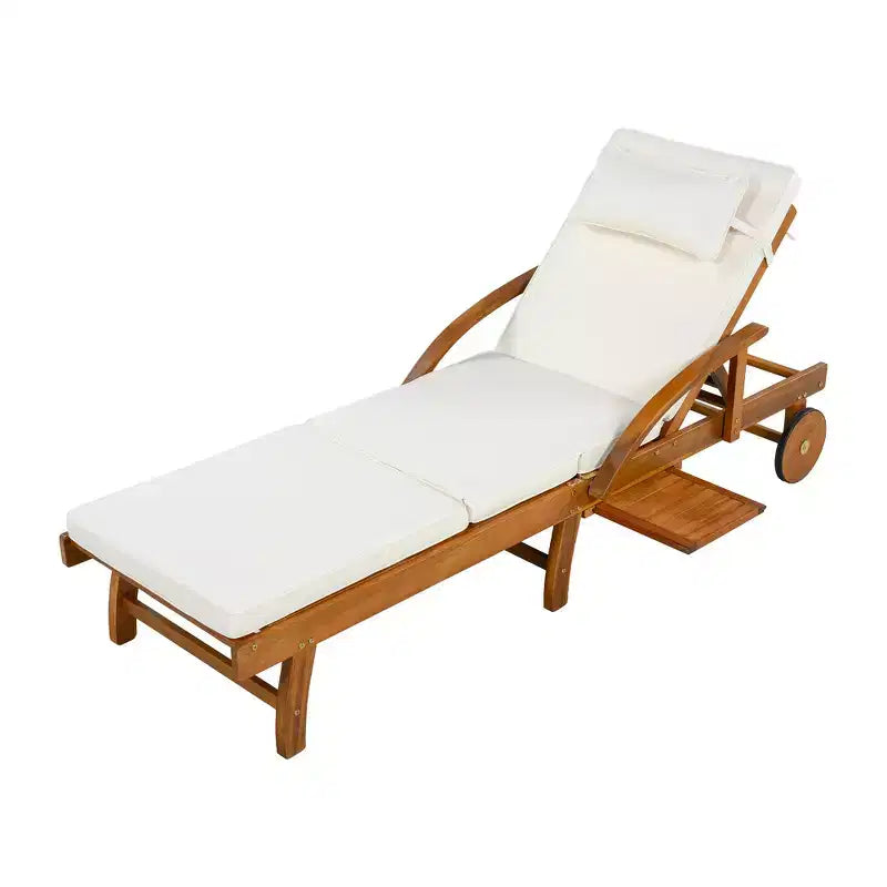 Whisen Chaise longue d'extérieur 77,5, chaise longue de patio, chaise longue de piscine avec cadre en bois d'acacia, dossier reglable, roues, retractable