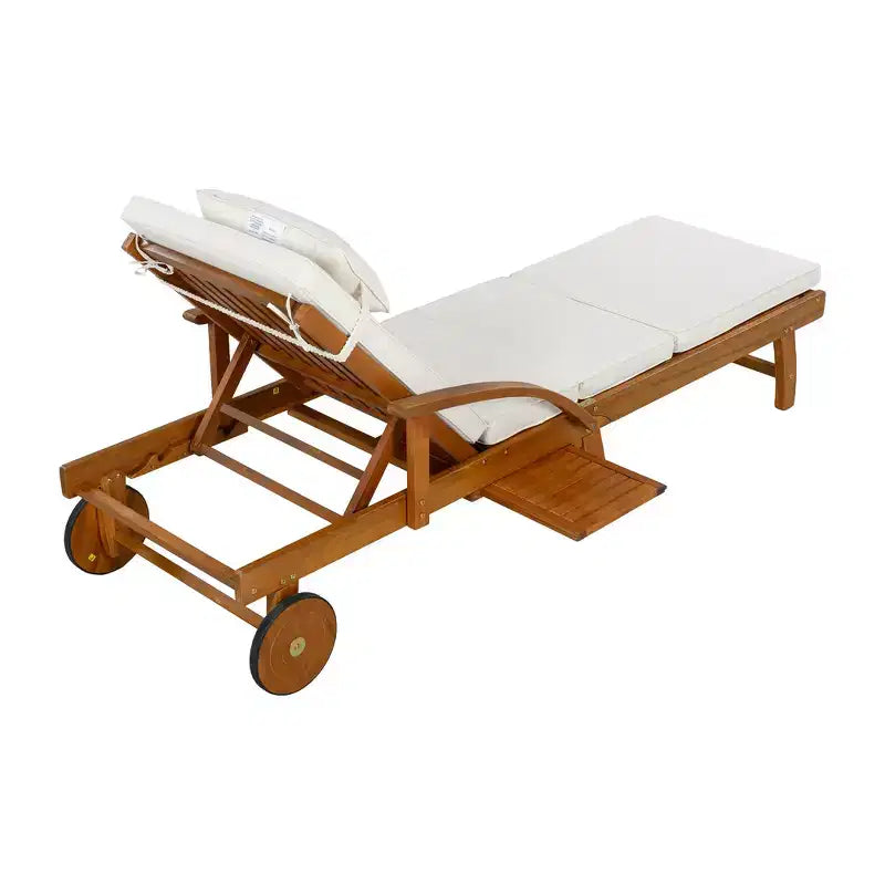 Whisen Chaise longue d'extérieur 77,5, chaise longue de patio, chaise longue de piscine avec cadre en bois d'acacia, dossier reglable, roues, retractable