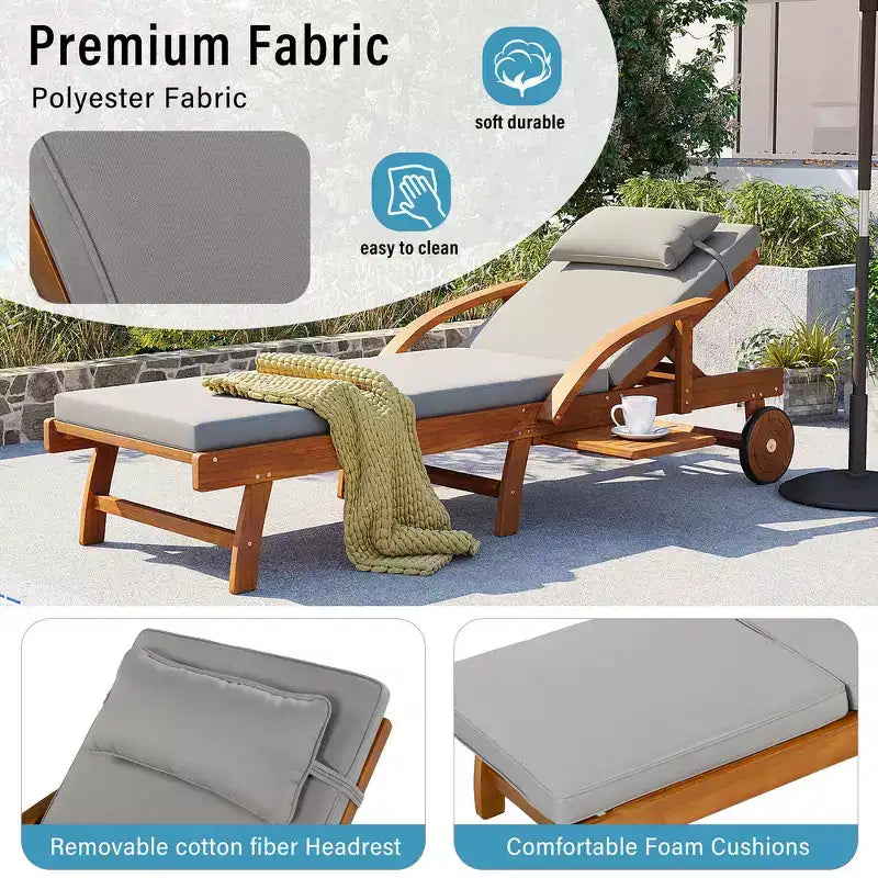 Whisen Chaise longue d'extérieur 77,5, chaise longue de patio, chaise longue de piscine avec cadre en bois d'acacia, dossier reglable, roues, retractable