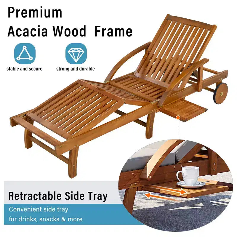 Whisen Chaise longue d'extérieur 77,5, chaise longue de patio, chaise longue de piscine avec cadre en bois d'acacia, dossier reglable, roues, retractable