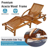 Whisen Chaise longue d'extérieur 77,5, chaise longue de patio, chaise longue de piscine avec cadre en bois d'acacia, dossier reglable, roues, retractable