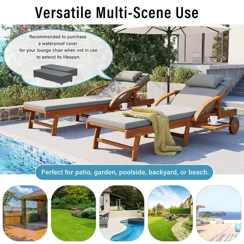 Whisen Chaise longue d'extérieur 77,5, chaise longue de patio, chaise longue de piscine avec cadre en bois d'acacia, dossier reglable, roues, retractable