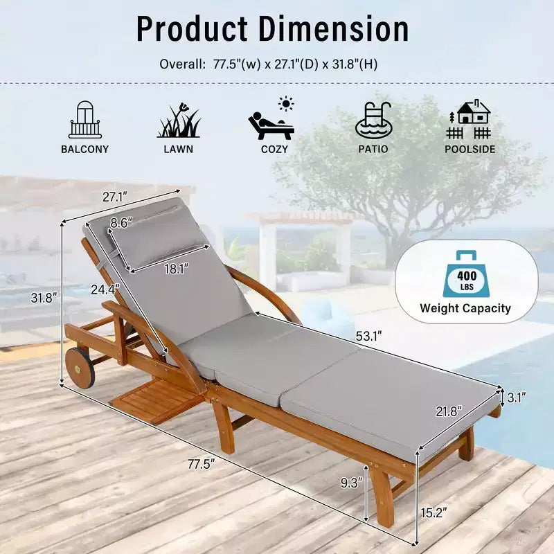 Whisen Chaise longue d'extérieur 77,5, chaise longue de patio, chaise longue de piscine avec cadre en bois d'acacia, dossier reglable, roues, retractable