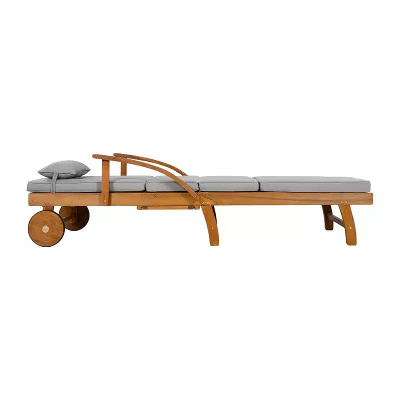 Whisen Chaise longue d'extérieur 77,5, chaise longue de patio, chaise longue de piscine avec cadre en bois d'acacia, dossier reglable, roues, retractable