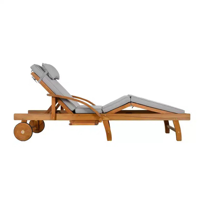 Whisen Chaise longue d'extérieur 77,5, chaise longue de patio, chaise longue de piscine avec cadre en bois d'acacia, dossier reglable, roues, retractable