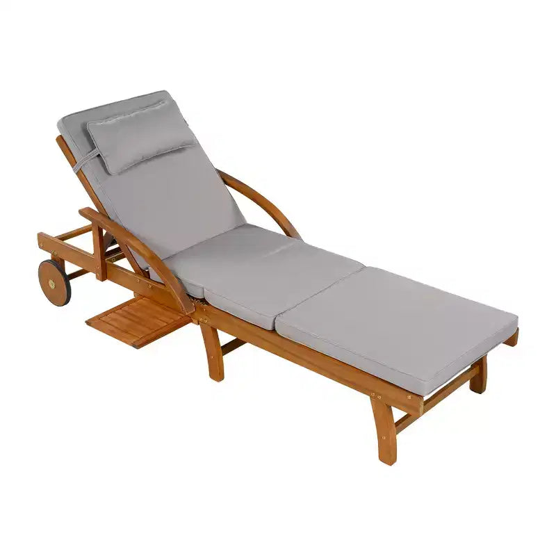 Whisen Chaise longue d'extérieur 77,5, chaise longue de patio, chaise longue de piscine avec cadre en bois d'acacia, dossier reglable, roues, retractable