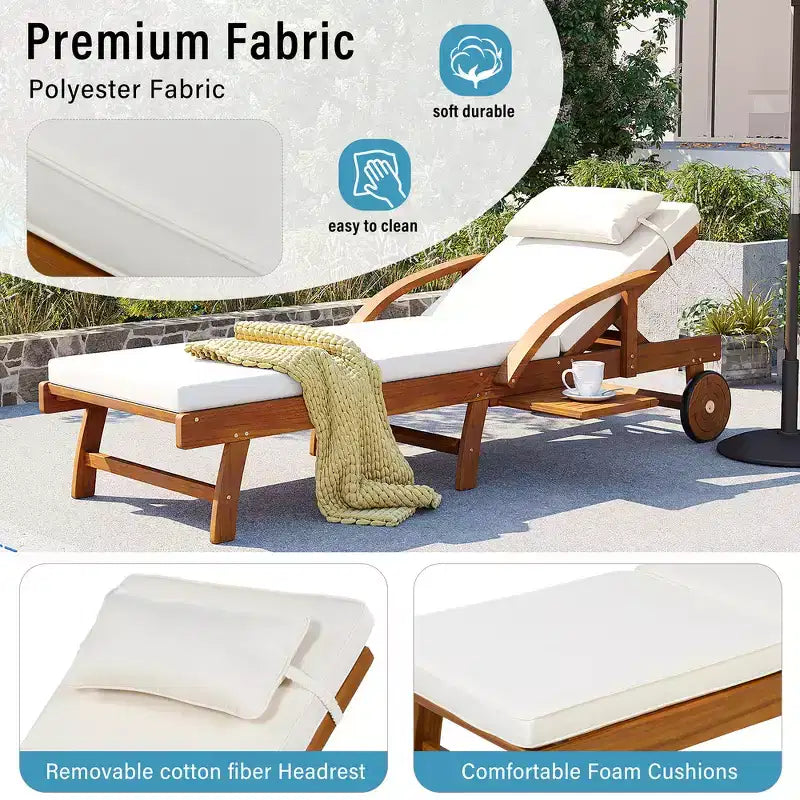 Whisen Chaise longue d'extérieur 77,5, chaise longue de patio, chaise longue de piscine avec cadre en bois d'acacia, dossier reglable, roues, retractable