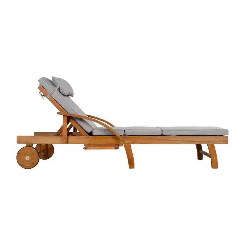 Whisen Chaise longue d'extérieur 77,5, chaise longue de patio, chaise longue de piscine avec cadre en bois d'acacia, dossier reglable, roues, retractable