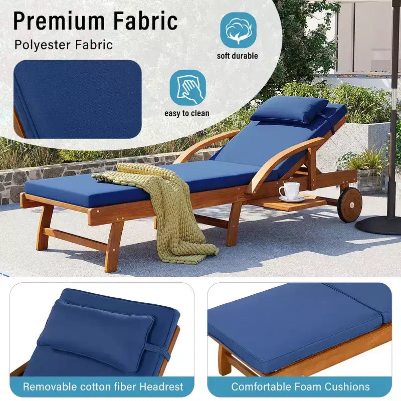 Whisen Chaise longue d'extérieur 77,5, chaise longue de patio, chaise longue de piscine avec cadre en bois d'acacia, dossier reglable, roues, retractable