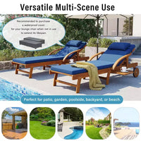 Whisen Chaise longue d'extérieur 77,5, chaise longue de patio, chaise longue de piscine avec cadre en bois d'acacia, dossier reglable, roues, retractable