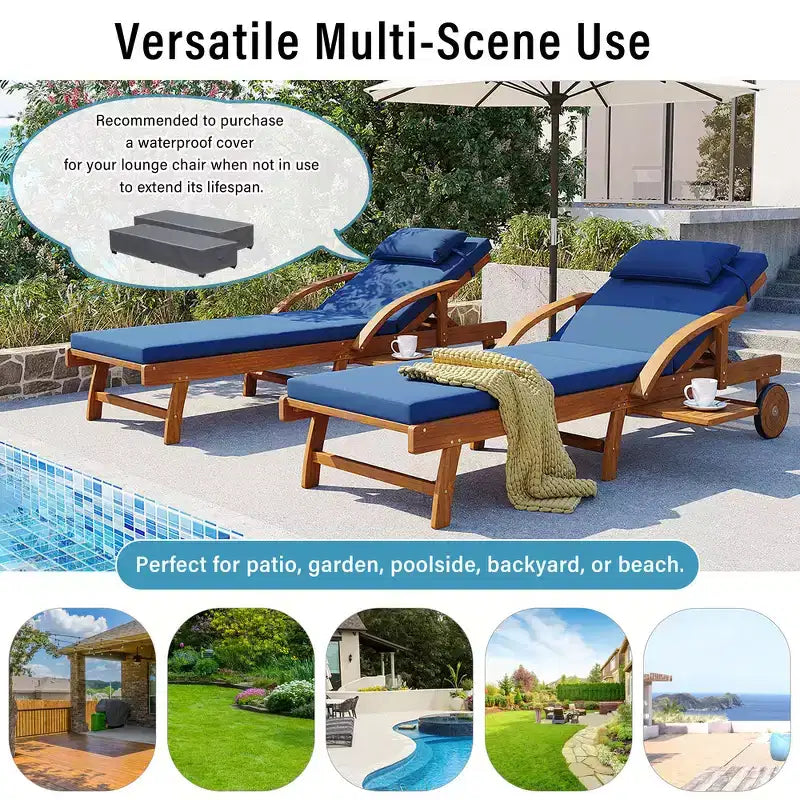 Whisen Chaise longue d'extérieur 77,5, chaise longue de patio, chaise longue de piscine avec cadre en bois d'acacia, dossier reglable, roues, retractable