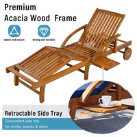 Whisen Chaise longue d'extérieur 77,5, chaise longue de patio, chaise longue de piscine avec cadre en bois d'acacia, dossier reglable, roues, retractable