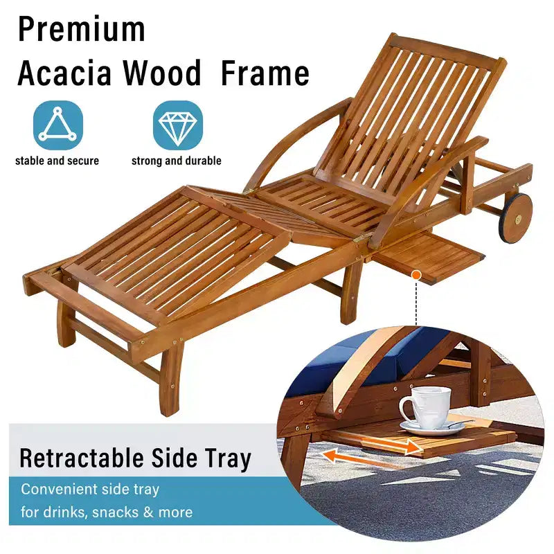 Whisen Chaise longue d'extérieur 77,5, chaise longue de patio, chaise longue de piscine avec cadre en bois d'acacia, dossier reglable, roues, retractable