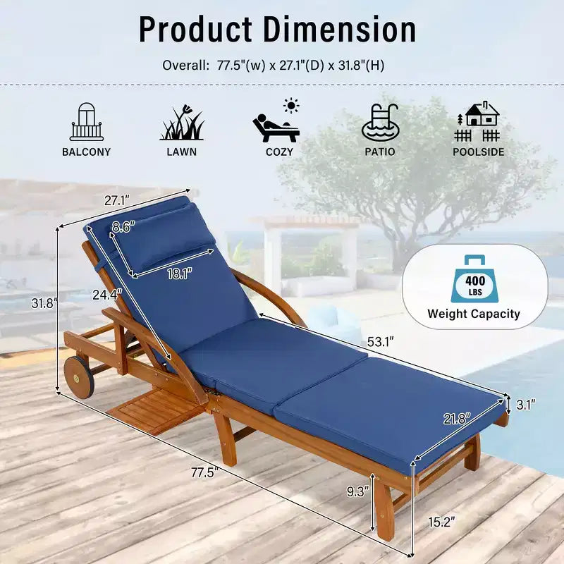 Whisen Chaise longue d'extérieur 77,5, chaise longue de patio, chaise longue de piscine avec cadre en bois d'acacia, dossier reglable, roues, retractable