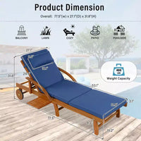 Whisen Chaise longue d'extérieur 77,5, chaise longue de patio, chaise longue de piscine avec cadre en bois d'acacia, dossier reglable, roues, retractable