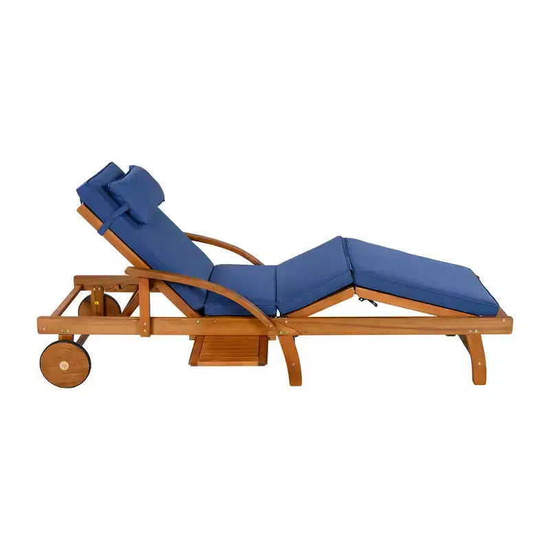 Whisen Chaise longue d'extérieur 77,5, chaise longue de patio, chaise longue de piscine avec cadre en bois d'acacia, dossier reglable, roues, retractable