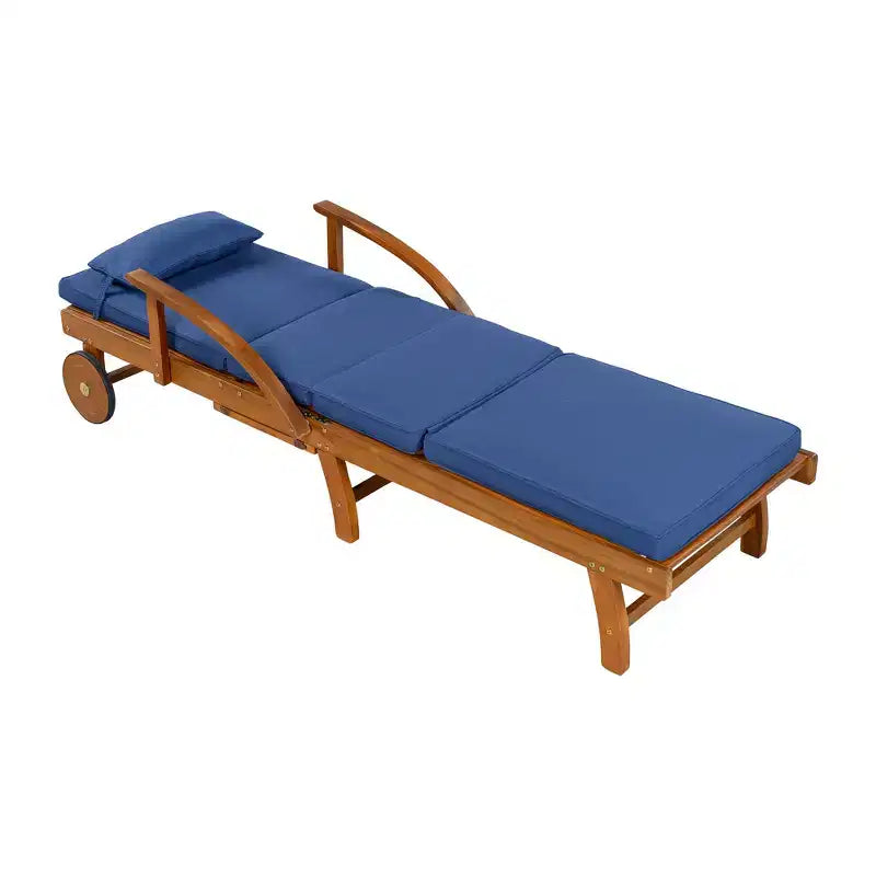 Whisen Chaise longue d'extérieur 77,5, chaise longue de patio, chaise longue de piscine avec cadre en bois d'acacia, dossier reglable, roues, retractable
