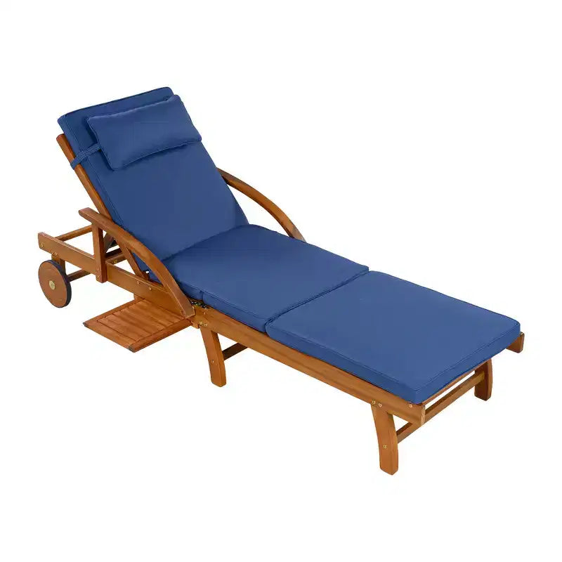Whisen Chaise longue d'extérieur 77,5, chaise longue de patio, chaise longue de piscine avec cadre en bois d'acacia, dossier reglable, roues, retractable