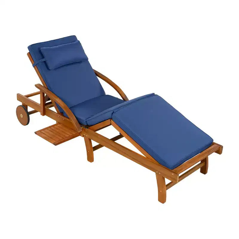 Whisen Chaise longue d'extérieur 77,5, chaise longue de patio, chaise longue de piscine avec cadre en bois d'acacia, dossier reglable, roues, retractable