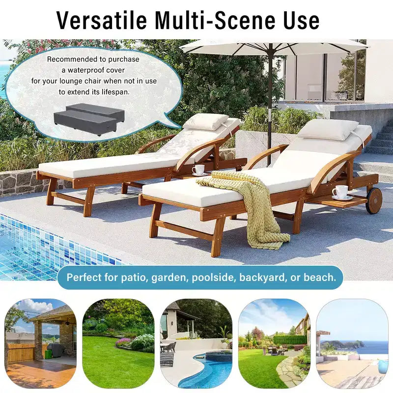 Whisen Chaise longue d'extérieur 77,5, chaise longue de patio, chaise longue de piscine avec cadre en bois d'acacia, dossier reglable, roues, retractable