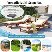Whisen Chaise longue d'extérieur 77,5, chaise longue de patio, chaise longue de piscine avec cadre en bois d'acacia, dossier reglable, roues, retractable