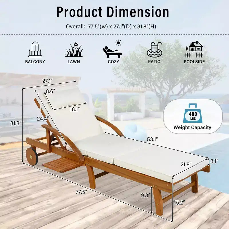 Whisen Chaise longue d'extérieur 77,5, chaise longue de patio, chaise longue de piscine avec cadre en bois d'acacia, dossier reglable, roues, retractable