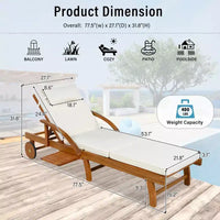 Whisen Chaise longue d'extérieur 77,5, chaise longue de patio, chaise longue de piscine avec cadre en bois d'acacia, dossier reglable, roues, retractable
