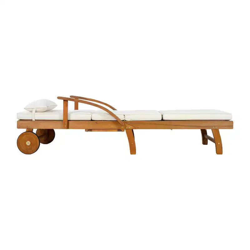 Whisen Chaise longue d'extérieur 77,5, chaise longue de patio, chaise longue de piscine avec cadre en bois d'acacia, dossier reglable, roues, retractable