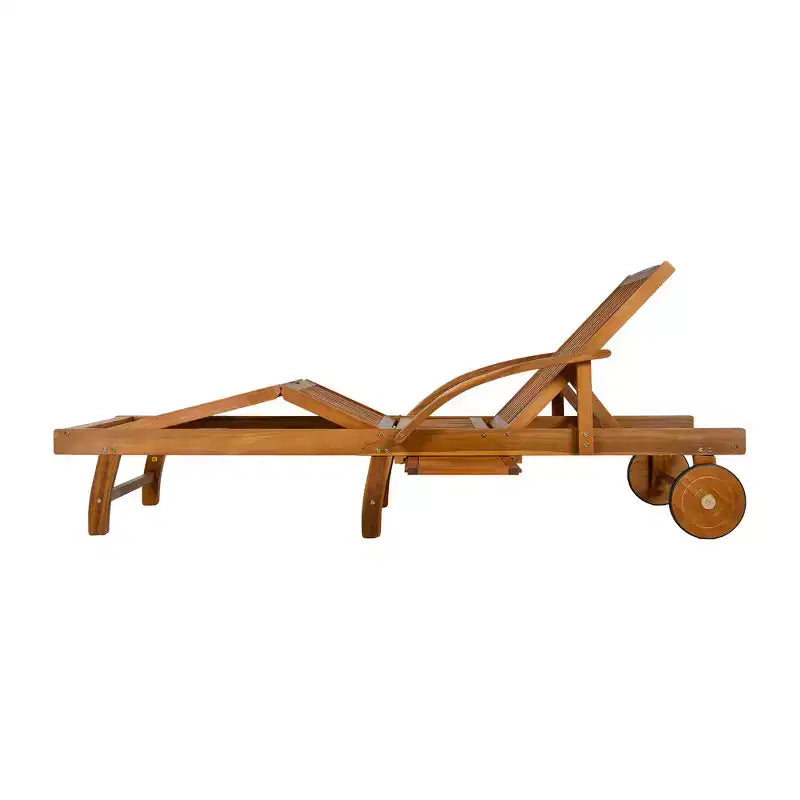 Whisen Chaise longue d'extérieur 77,5, chaise longue de patio, chaise longue de piscine avec cadre en bois d'acacia, dossier reglable, roues, retractable