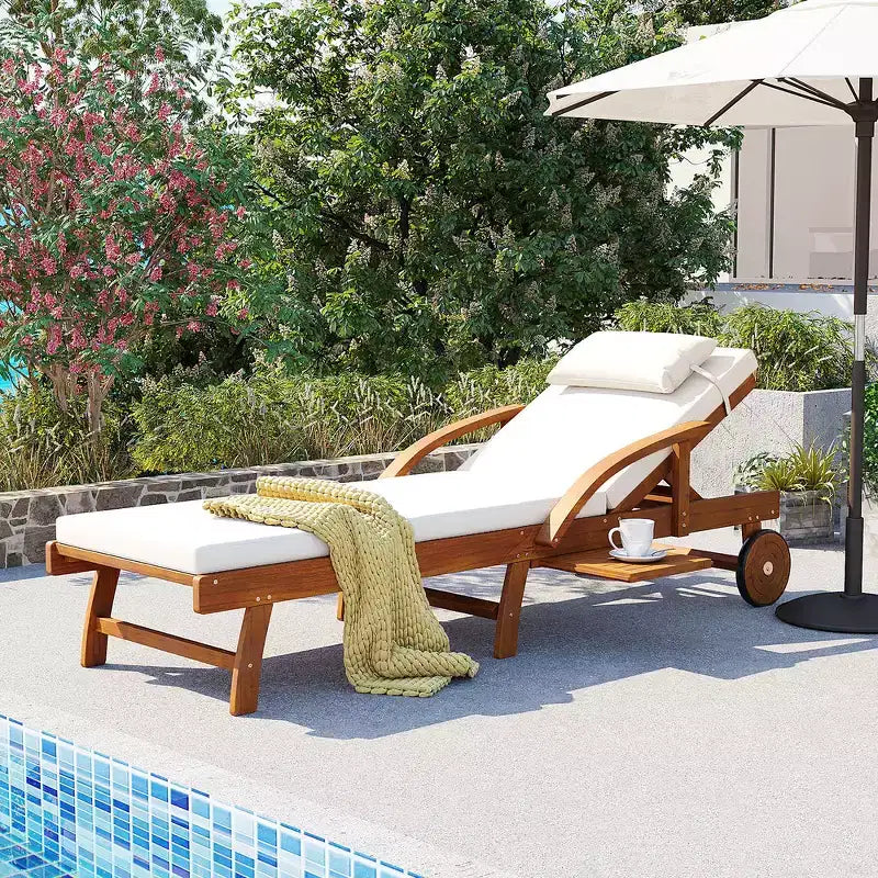 Whisen 77.5 Outdoor Chaise Lounge, Patio Lounge Chair, Pool Lounge Chair with Acacia Wood Frame, Adjustable Backrest, Wheels, Retractable