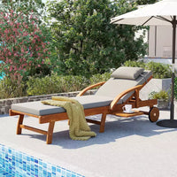 Whisen Chaise longue d'extérieur 77,5, chaise longue de patio, chaise longue de piscine avec cadre en bois d'acacia, dossier reglable, roues, retractable