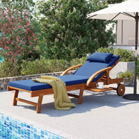 Whisen Chaise longue d'extérieur 77,5, chaise longue de patio, chaise longue de piscine avec cadre en bois d'acacia, dossier reglable, roues, retractable