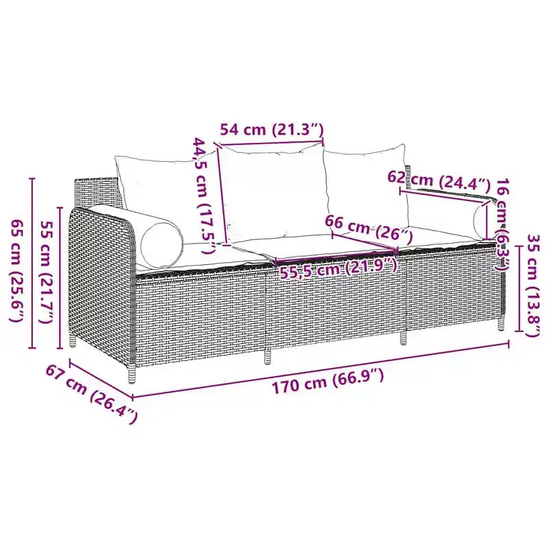 vidaXL Canape de patio avec coussins 3 places brun en rotin PE